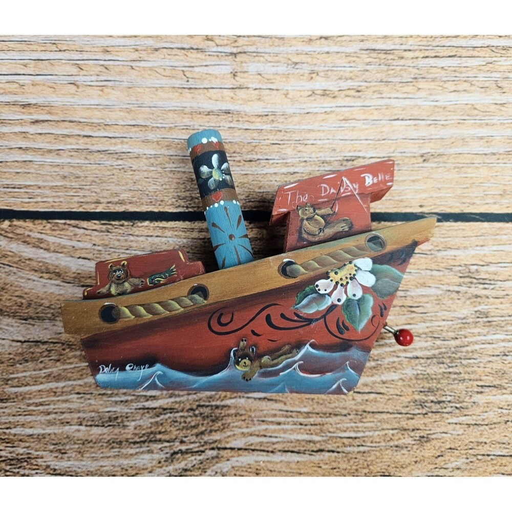 VTG Wooden Boat Ship Music Box Handpainted The Daisy Belle Collectible Kids Toy - Picture 7 of 10